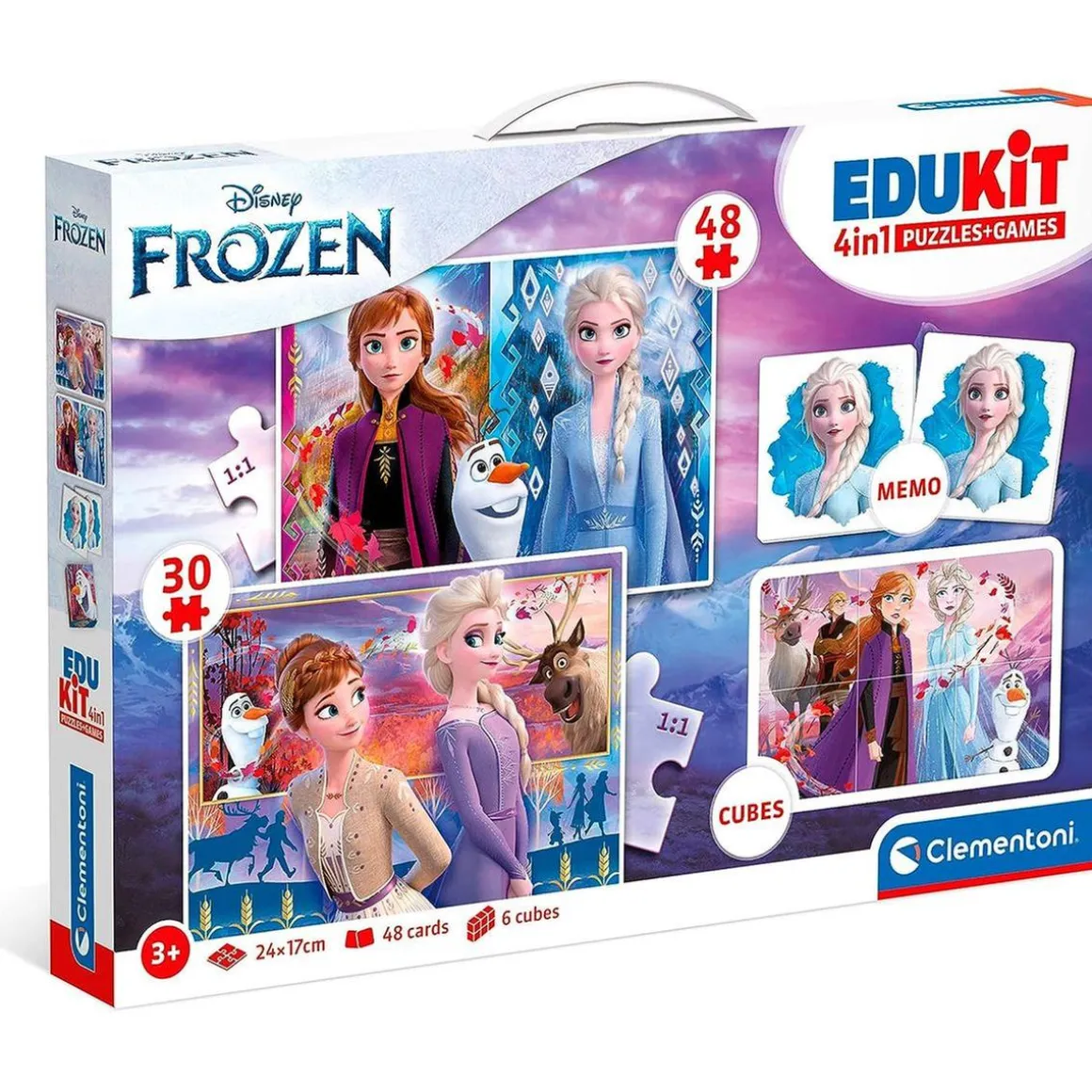 Clementoni - Frozen - Edukit 4 en 1: Puzzle de 48 piezas, juego de memoria y 6 cubos educativos ㅤ