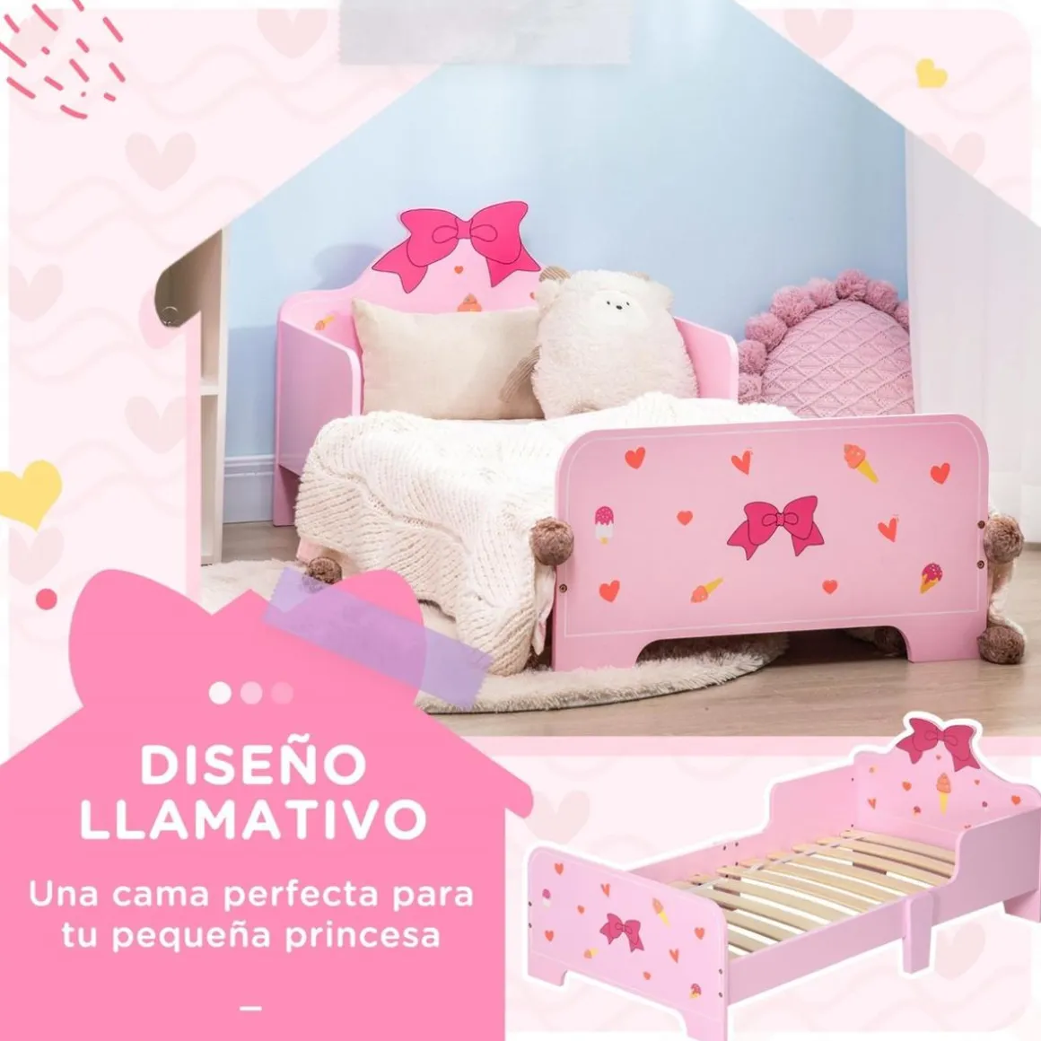Homcom - Cama infantil corazones Rosa