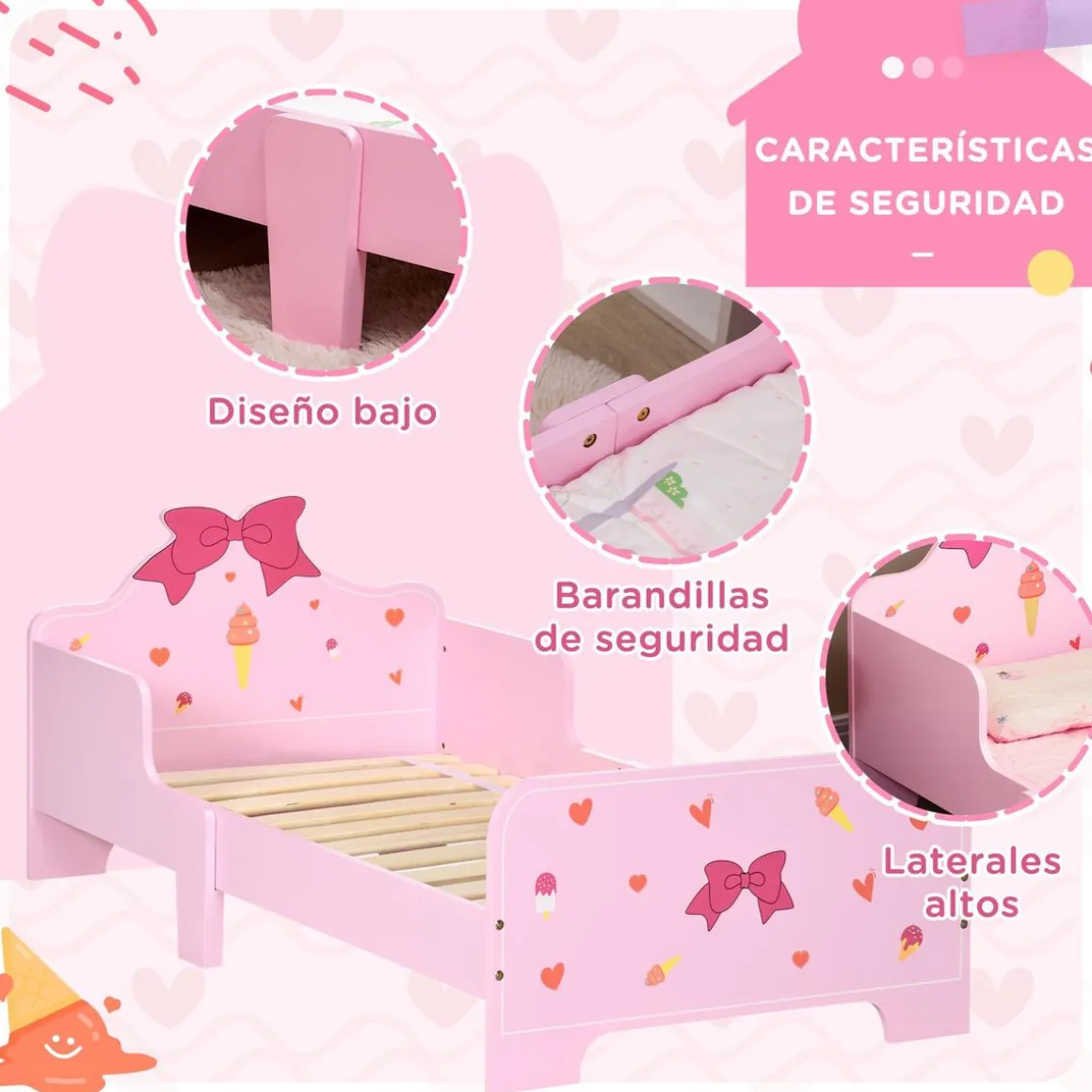 Homcom - Cama infantil corazones Rosa