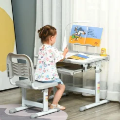 Homcom - Conjunto Pupitre reclinable + Silla Gris con lámpara