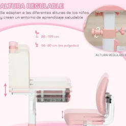 Homcom - Escritorio con estante y silla ajustable Rosa y Blanco