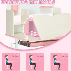 Homcom - Escritorio con estante y silla ajustable Rosa y Blanco