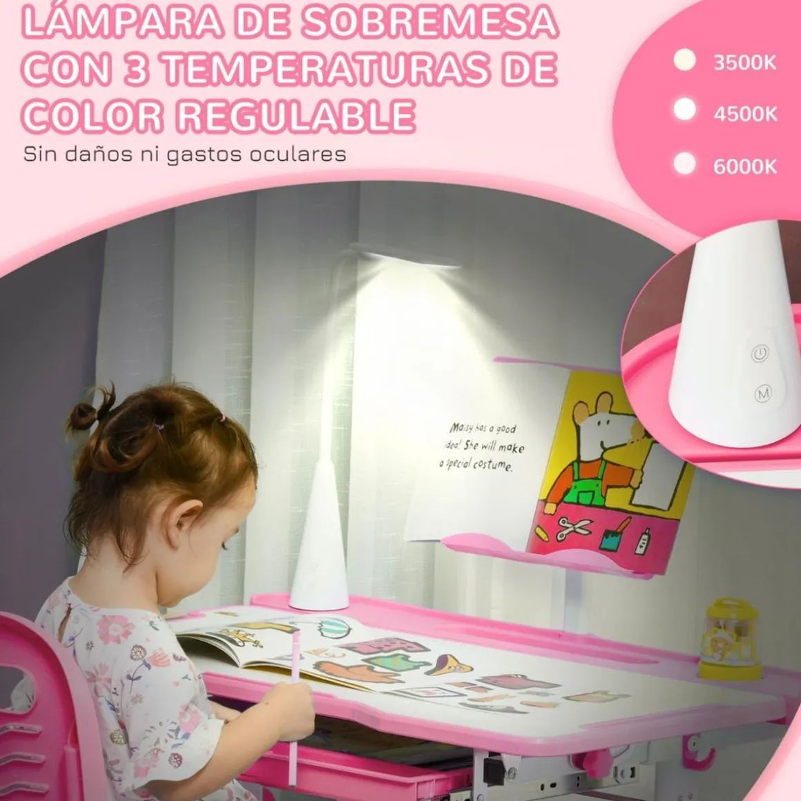 Homcom - Escritorio y silla ajustables Rosa