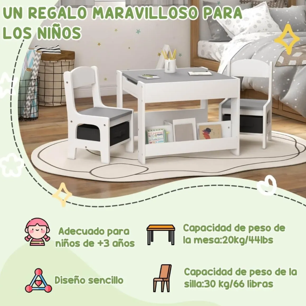 Homcom - Mesa + 2 sillas infantiles Blanco