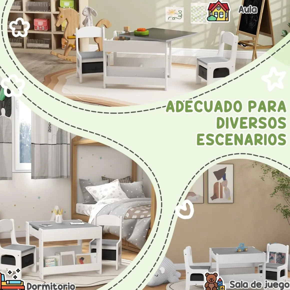 Homcom - Mesa + 2 sillas infantiles Blanco