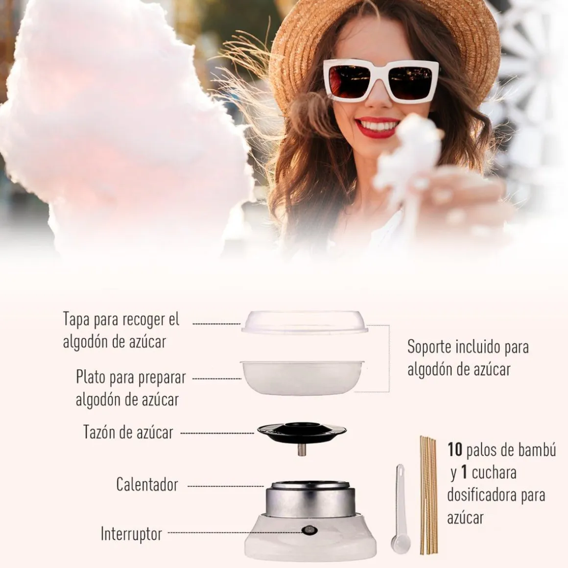 Homcom - Máquina Blanca de Algodón de Azúcar