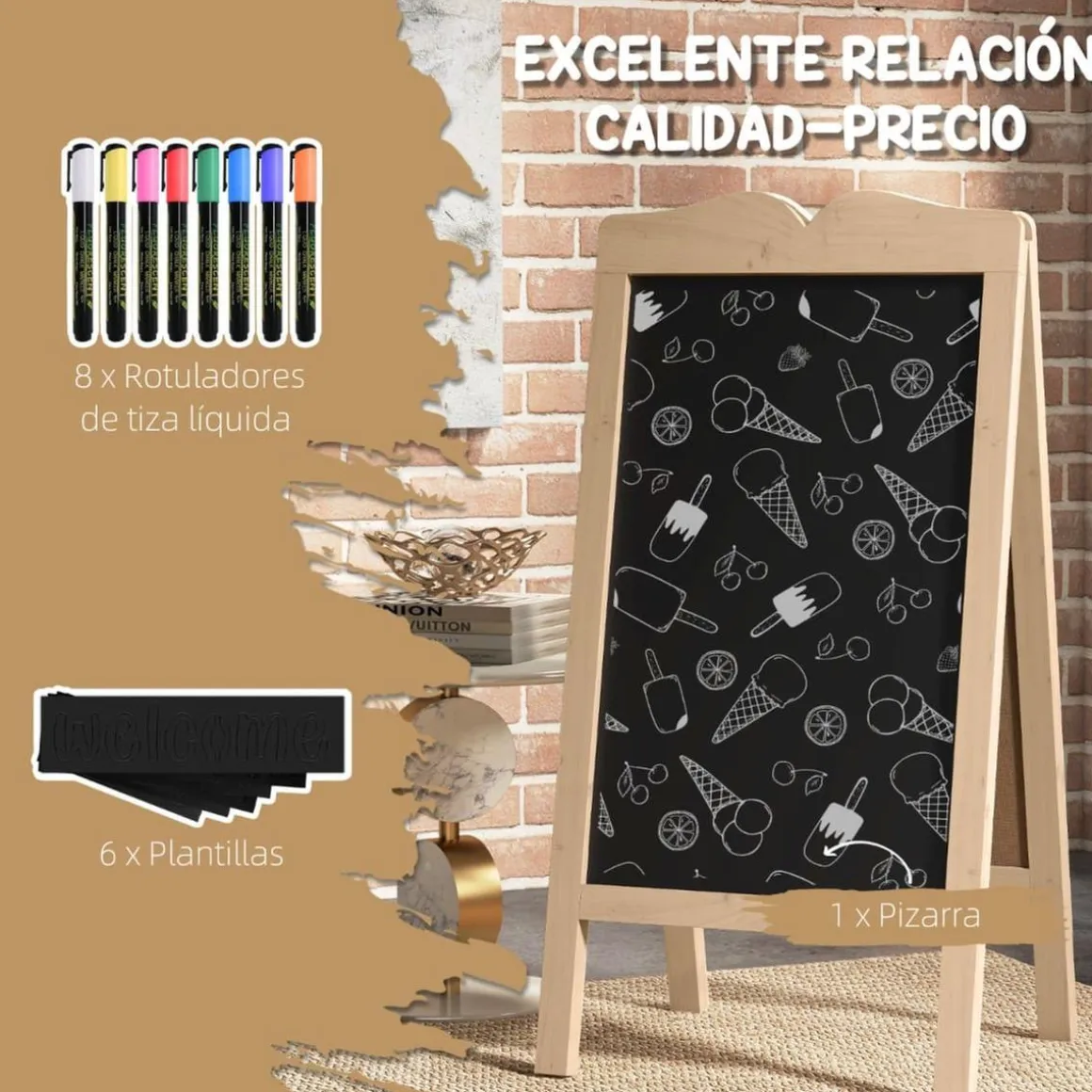 Homcom - Pizarra caballete doble con tizas y plantillas