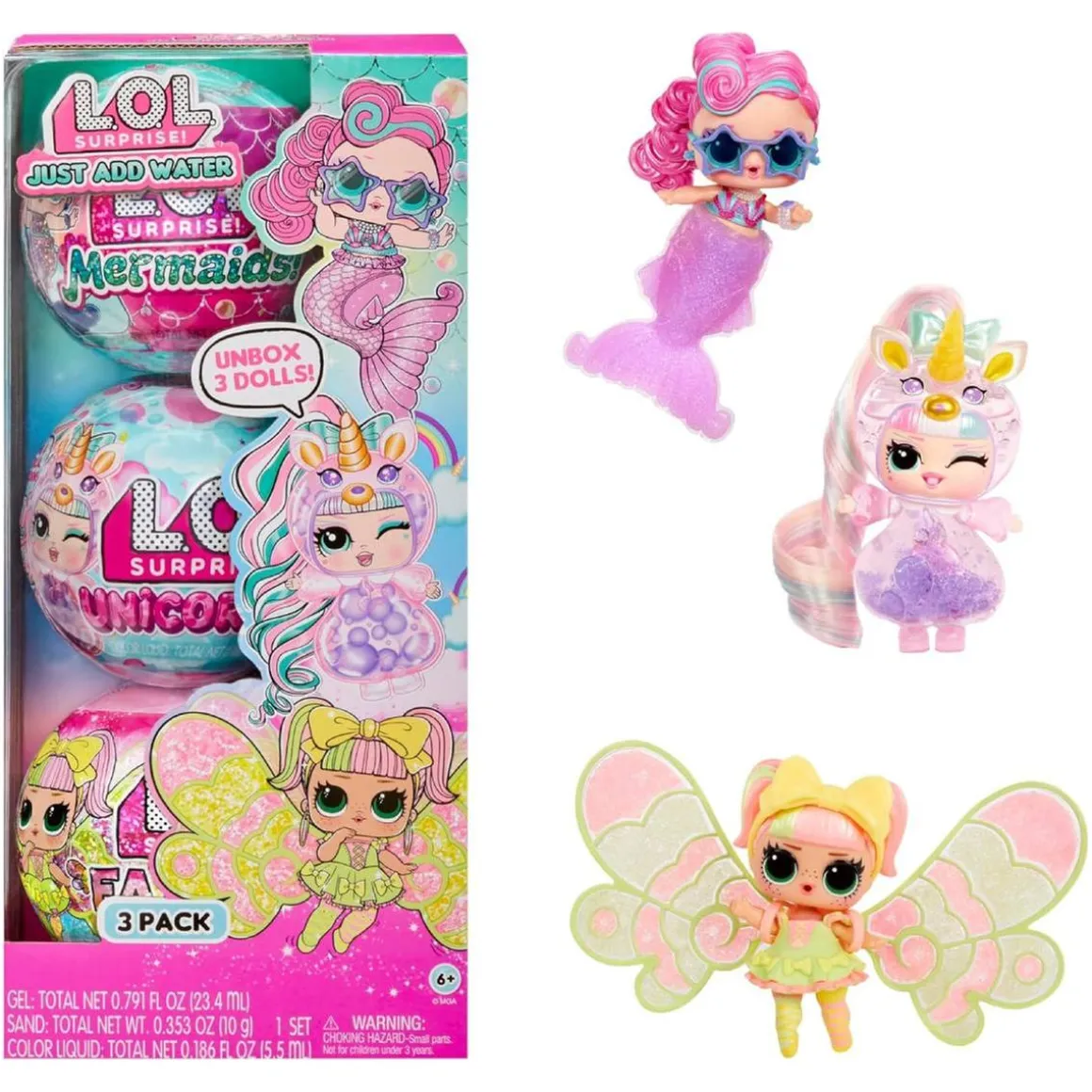 L.O.L. Surprise - Just add Water - Pack 3 muñecas fantasía (sirena, hada y unicornio)