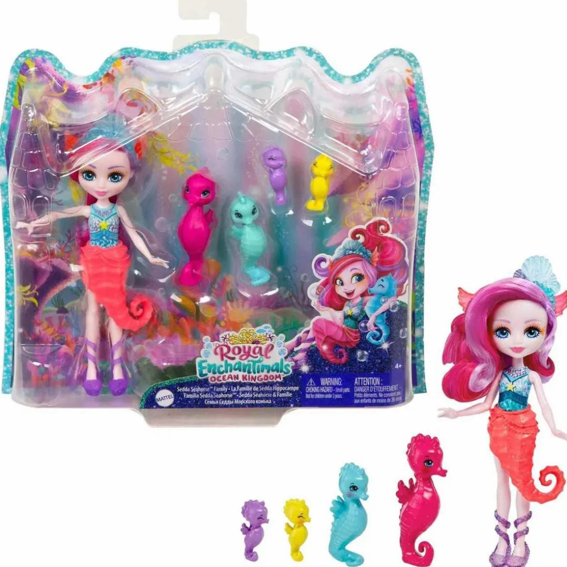 Mattel - Enchantimals - Ocean Kingdom muñeca Sedda Sea Horse con familia de caballitos de mar ㅤ