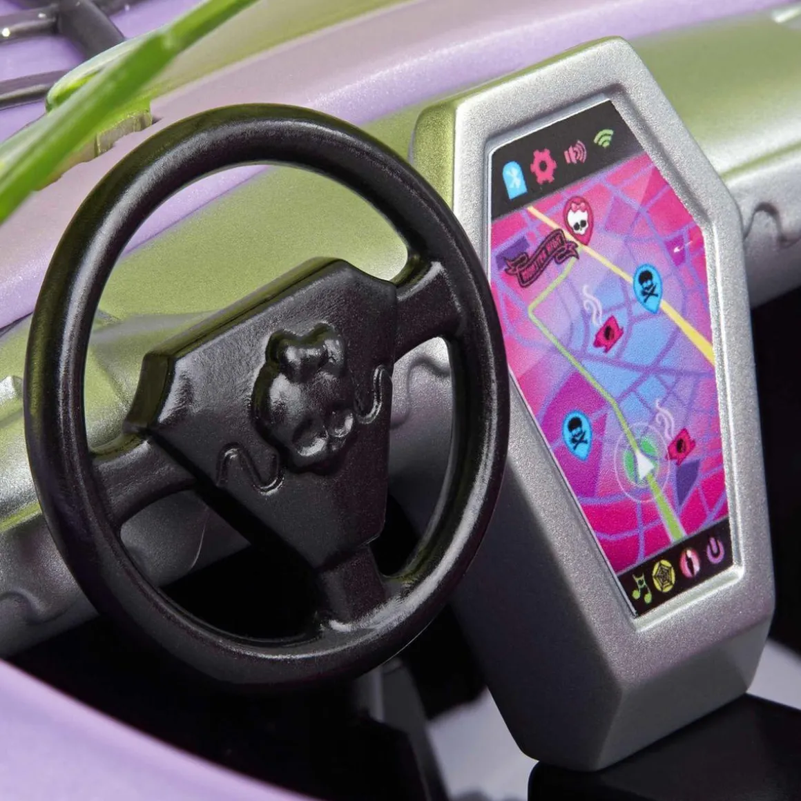 Mattel - Monster High - Coche convertible morado con accesorios para mascotas y detalles de telaraña ㅤ