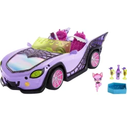 Mattel - Monster High - Coche convertible morado con accesorios para mascotas y detalles de telaraña ㅤ