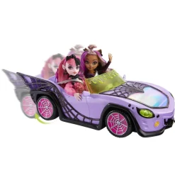 Mattel - Monster High - Coche convertible morado con accesorios para mascotas y detalles de telaraña ㅤ