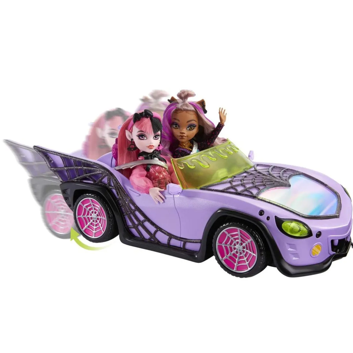 Mattel - Monster High - Coche convertible morado con accesorios para mascotas y detalles de telaraña ㅤ
