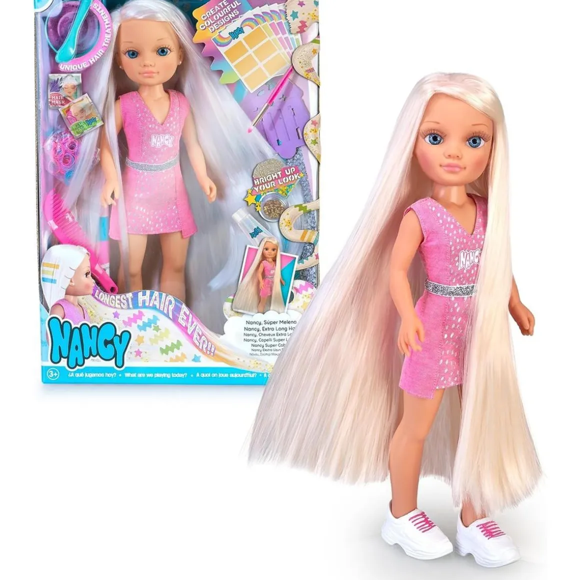 Nancy - Muñeca con pelo súper largo y accesorios para crear peinados ㅤ